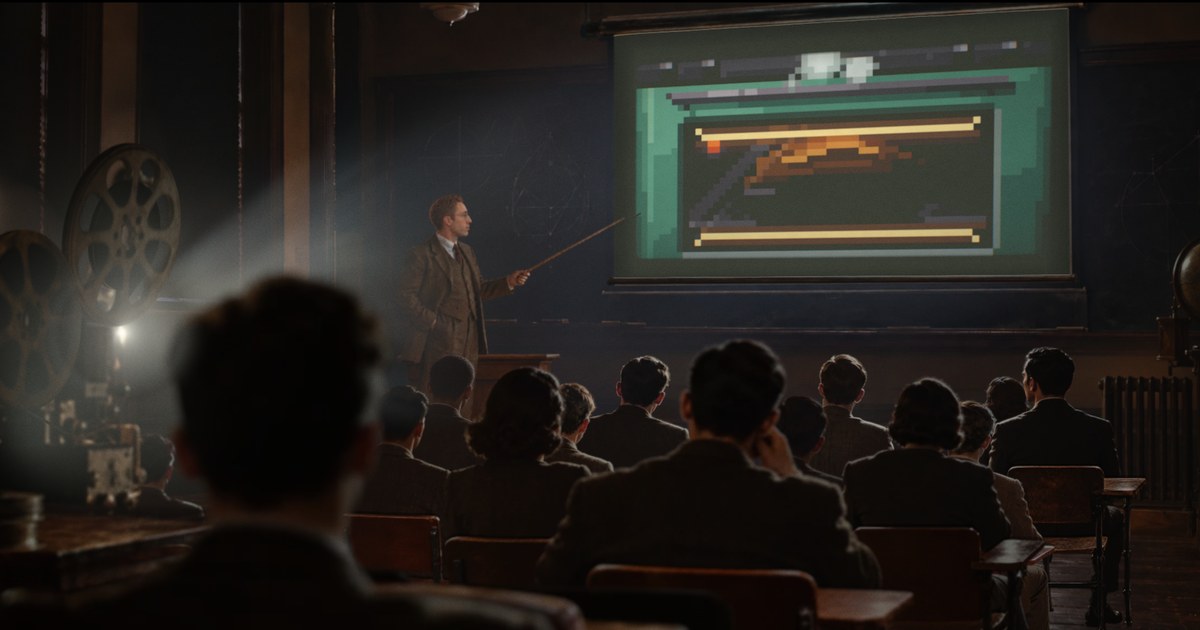 A 1940s classroom at night, built as a diorama: a professor with a pointer stands beside a screen; a film projector at the back throws each spinner verb's loop onto it over the students' heads.